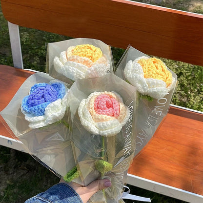 Tulip & Sunflower Knitting Flower Bouquet – Handcrafted Crochet Carnations, DIY Handmade Fake Flowers for Decor
