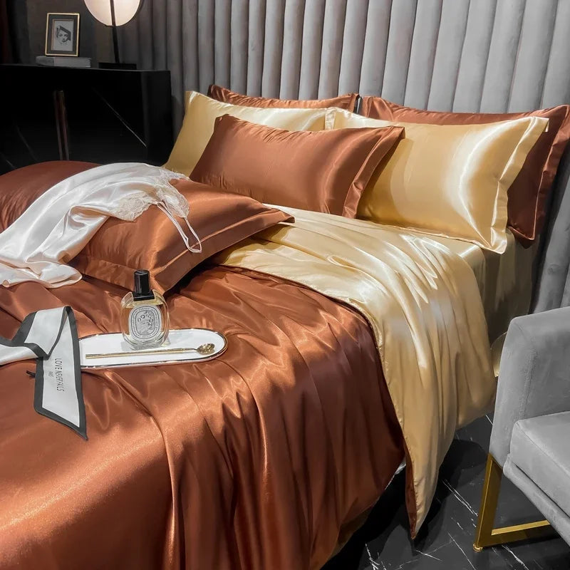 Solid Silk Bedding Set - Luxury Duvet Cover Bed Sheet Pillowcase Set For King Single Double Couple Beds
