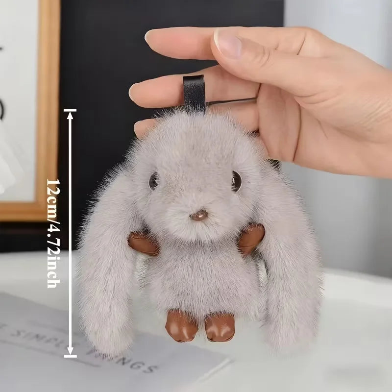 Fluffy Bunny Keychain - Big-Eyed Plush Ears Car Keyring & Cute Bag Charm