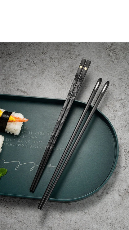 5 Pairs Japanese Reusable Chopsticks – Black Sushi Sticks for Food, Noodles, Alloy Chinese & Korean Kitchen Tableware