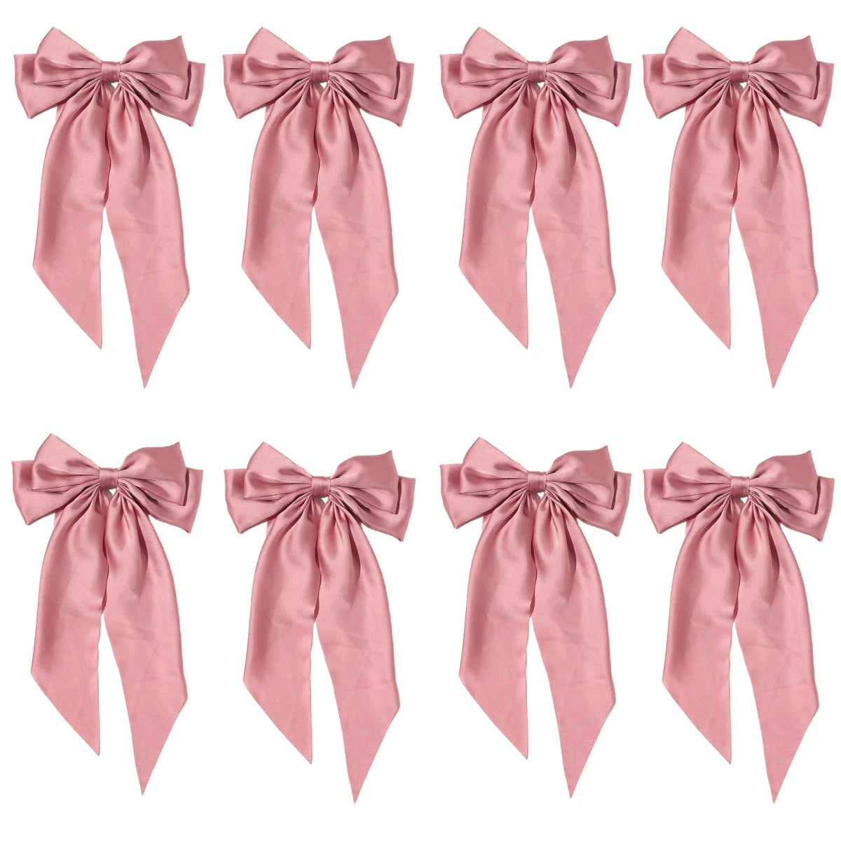 8 Ladies Satin Ribbon Bow Hair Clips – Oversized White, Pink, Red, Blue, Black Long Tail, Spring Clip for Ponytail Hair Accessories