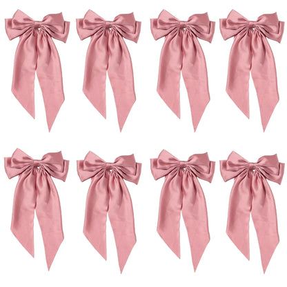 8 Ladies Satin Ribbon Bow Hair Clips – Oversized White, Pink, Red, Blue, Black Long Tail, Spring Clip for Ponytail Hair Accessories