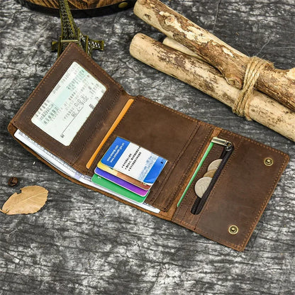 Men's Genuine Leather Short Wallet with Chain – Zipper Clutch, Trifold Purse, Card Holder & Coin Purse for Men