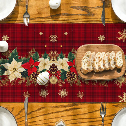 Christmas Poinsettia Table Runner - Holly Snowflake Holiday Dining Decor for Kitchen, Coffee Table & Party Settings