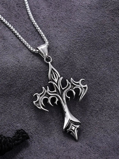 Stainless Steel Flame Retro Cross Necklace – Titanium Steel Casting Pendant for Men, Stylish Vintage Design