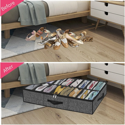 Under-Bed Shoe Storage Organizer Box — Collapsible Closet Container for 12 Pairs with Reinforced Handles