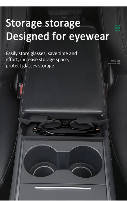 Central Armrest Storage Box for Tesla Model Y/3/3 Highland – Multi-Functional Glasses & Phone Organizer Case, 2024 Accessory