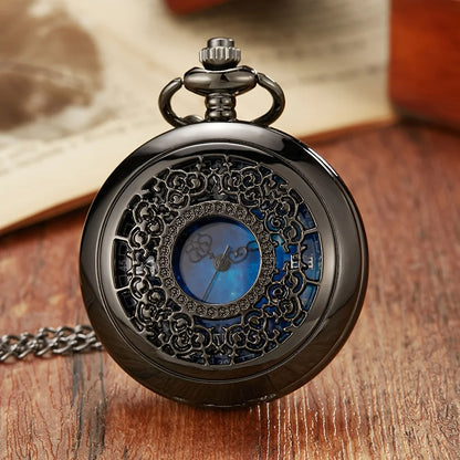 Starry Blue Dial Quartz Pocket Watch - Black & Silver Hollow Pendant Watch with Roman Numerals for Men, Women & Kids