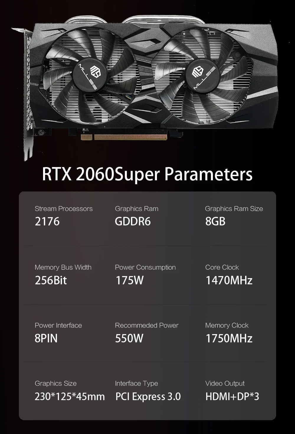 MLLSE RTX 2060 Super 8GB Gaming Graphics Card — GDDR6 256-Bit, 8-Pin PCIe 3.0x16 for High-Performance Gaming
