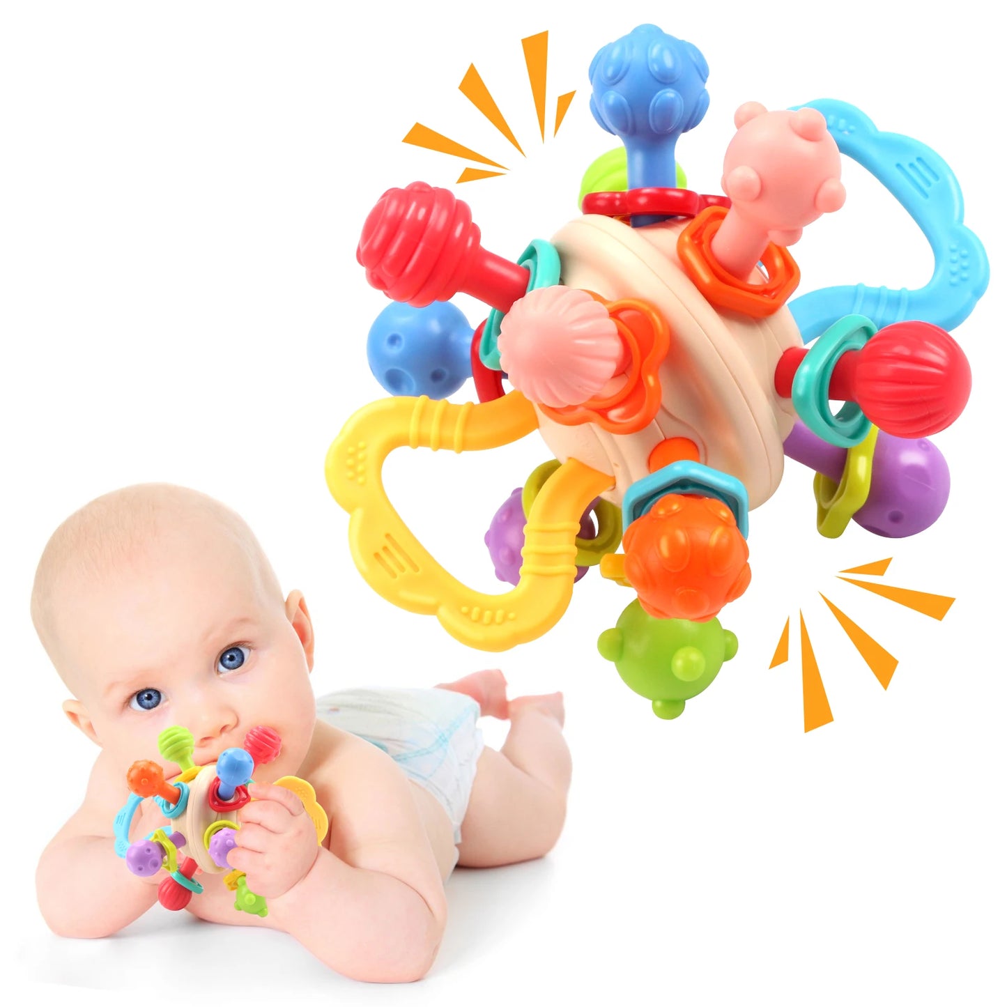 Soft Silicone Baby Rattle Ball Teether - Manhattan Round Hand Grab Toy for Infants 0M+ Teething Gift