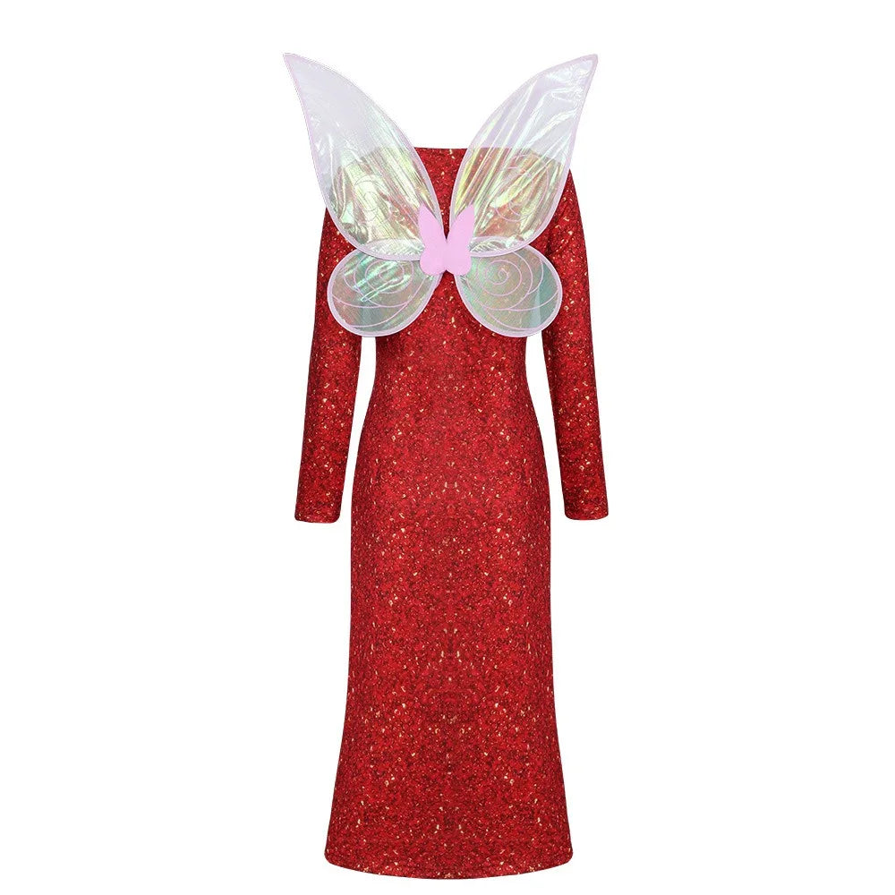 Shrek Fairy Godmother Cosplay Costume - Red Glitter Slit Dress with Wings, Glasses & Magic Wand for Halloween Parties