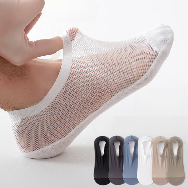 Men’s Ice Silk Mesh Socks – Hollow Breathable Summer No-Show Slippers, Silicone Non-Slip Low-Cut Boat Socks