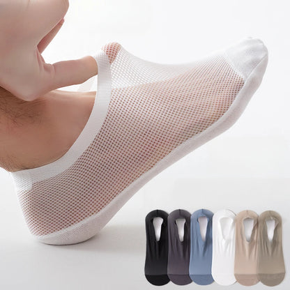 Men’s Ice Silk Mesh Socks – Hollow Breathable Summer No-Show Slippers, Silicone Non-Slip Low-Cut Boat Socks