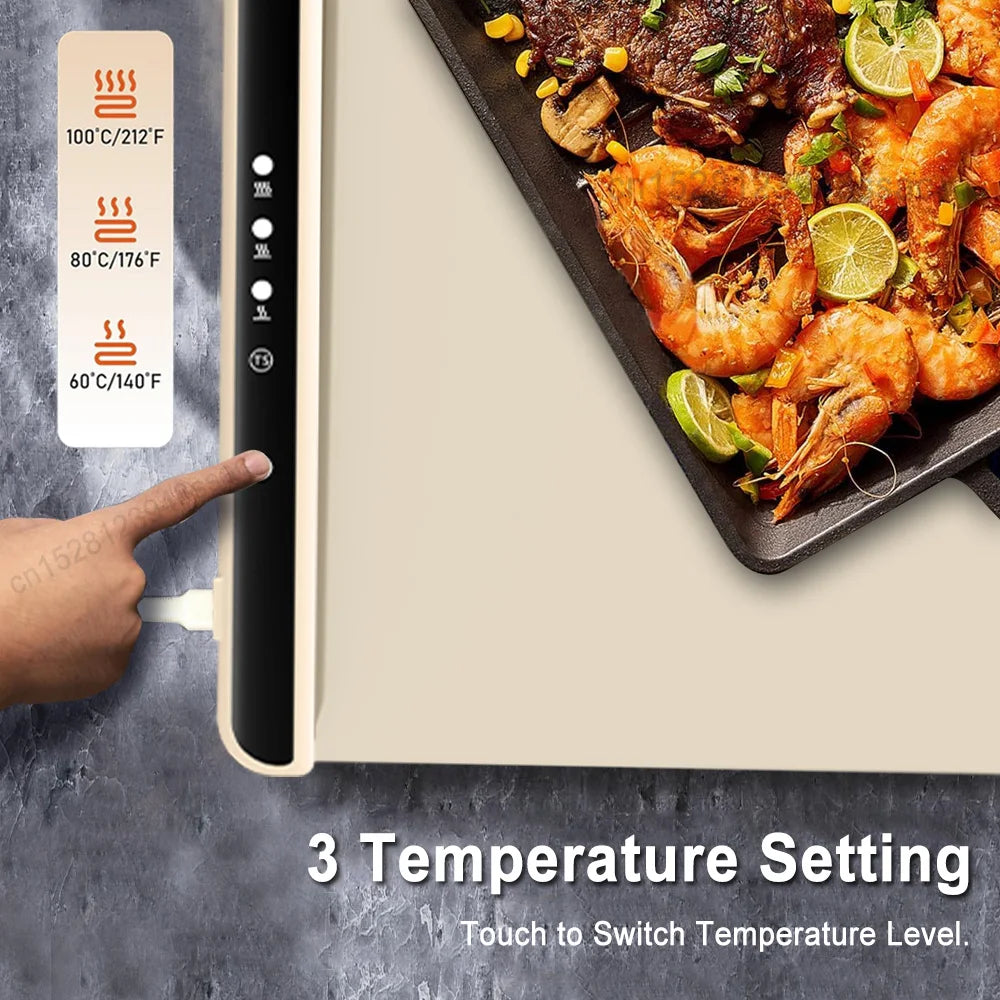 Electric Warming Tray – Foldable Portable Smart Food Warmer Plate with 3 Temperature Settings for Fast Heating