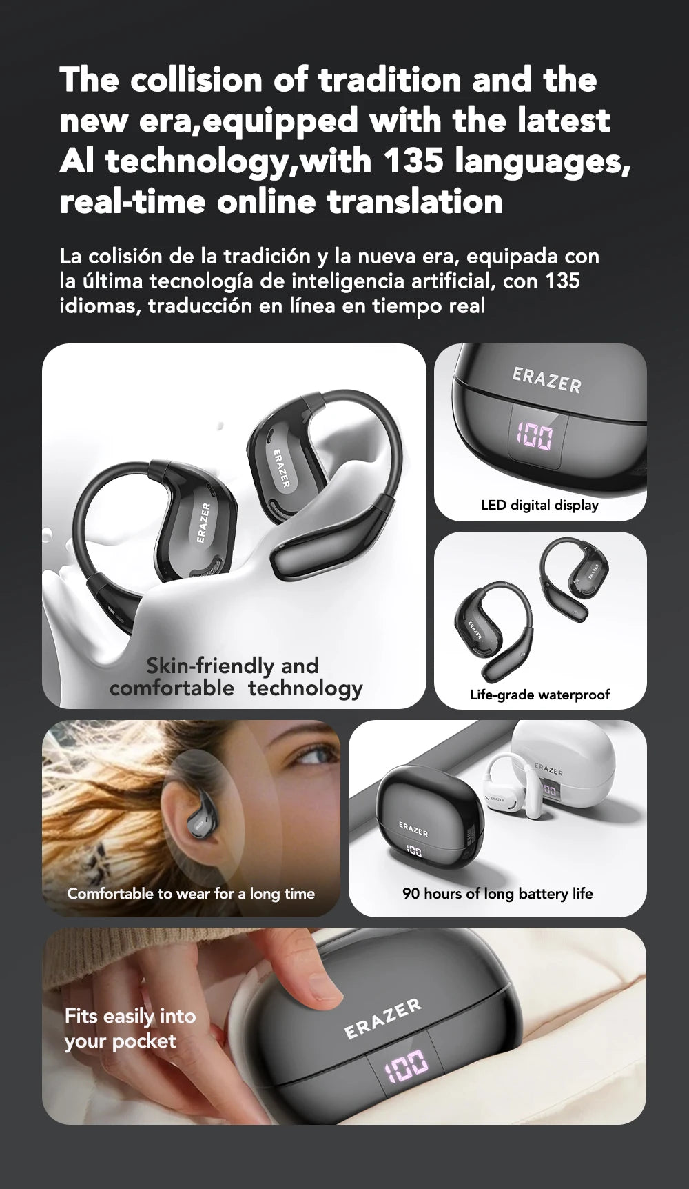 ERAZER XT66PRO Bluetooth Earphones – ASMR Headsets, DIY App, AI Translator, Wireless Earbuds with 13-Hour Battery Life & Display