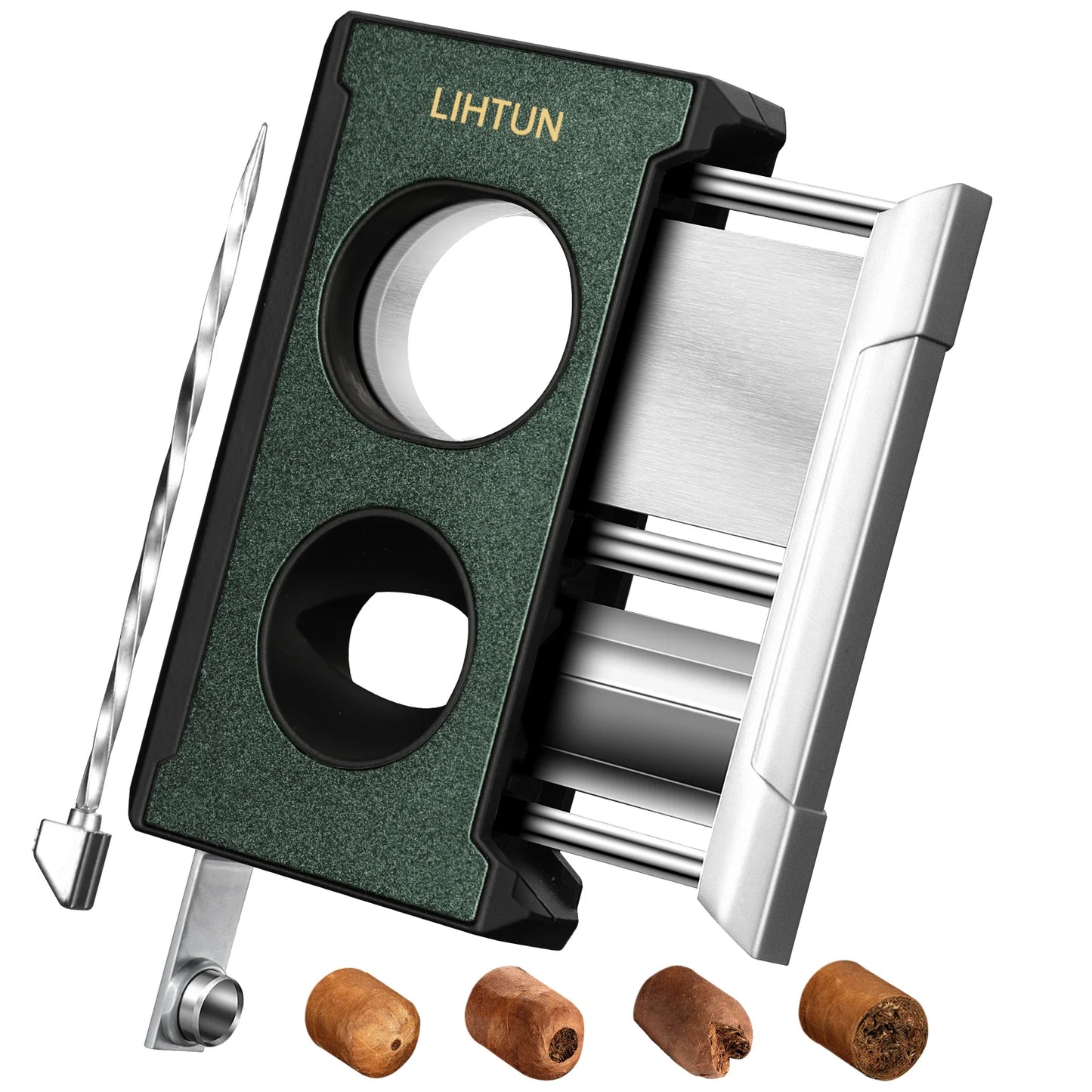 4-in-1 Cigar Cutter Guillotine – Straight Cut, V Cutter, Punch & Draw Enhancer, Stainless Steel Cigar Clippers