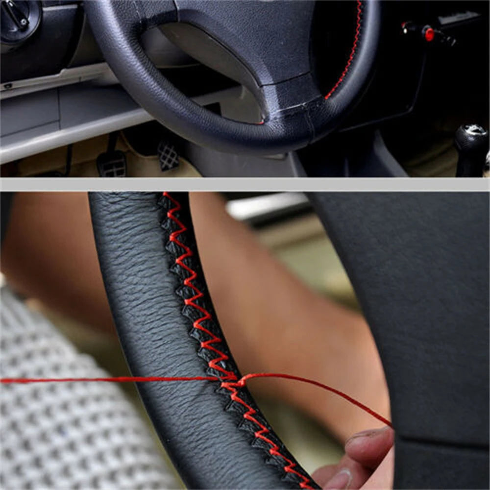 Leather Car Steering Wheel Cover - DIY Braid Design, Universal 38cm Auto Steering Wheel Case