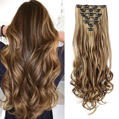 Clip-In Hair Extensions, 7-Piece Full Head 22-Inch Long Curly Wavy Synthetic Hair Extensions for Women and Girls