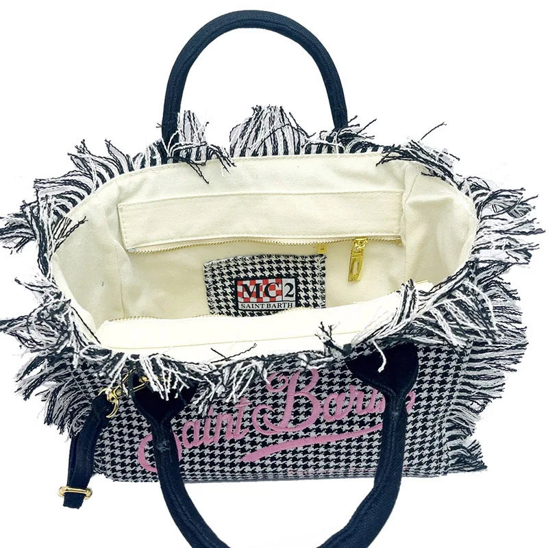 SAINT BARTH Houndstooth Crossbody Bag – Small Cotton Linen Handmade Tote with Tassels for Women