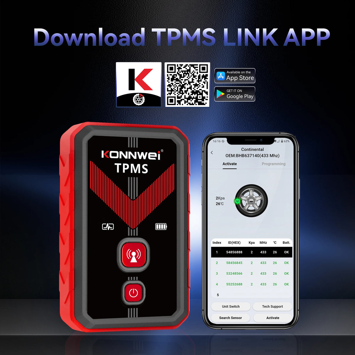KONNWEI TK100 TPMS Programming Tool - 315/433MHz Tire Pressure Sensor Activator & Reset Tool with Lifetime Free Upgrades