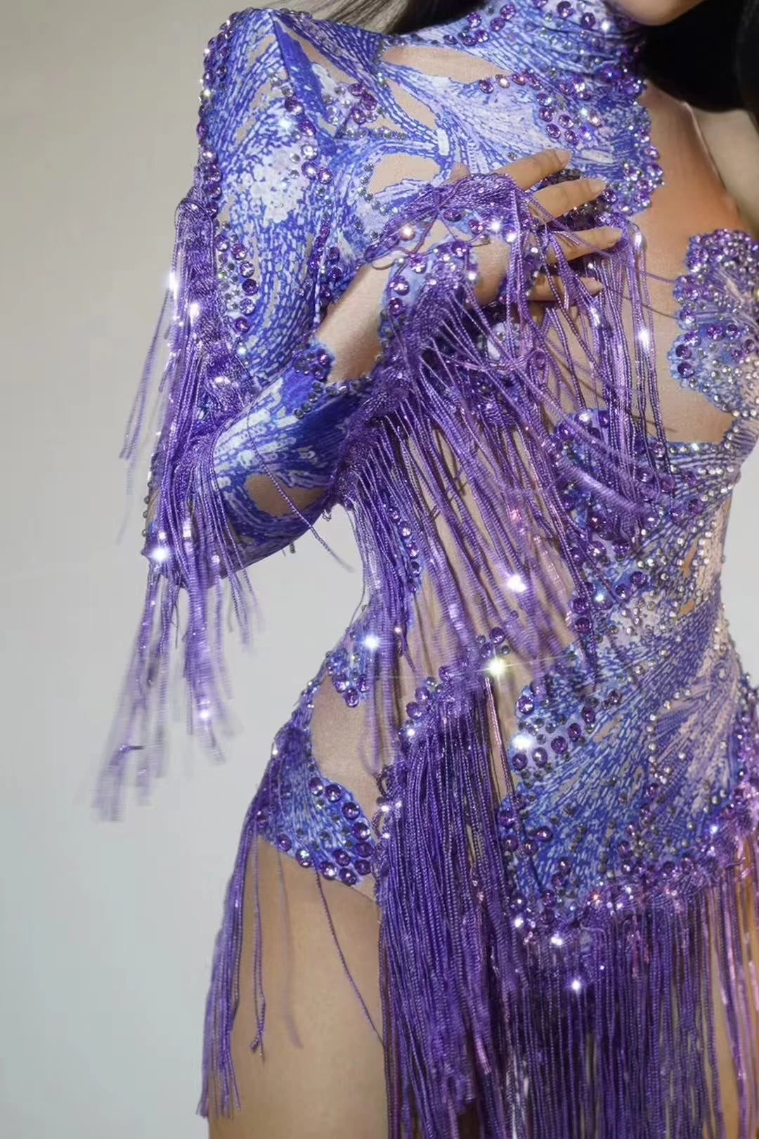Sexy Blue Rhinestone Skinny Leotard – One-Shoulder Fringe Dance Costume for Singers & Dancers