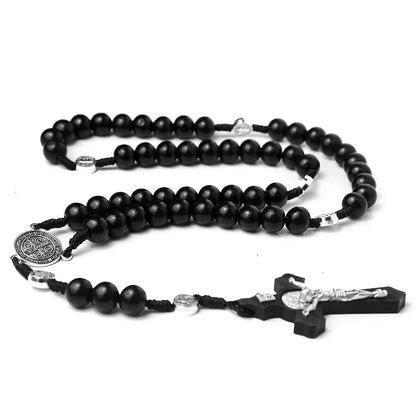 Catholic Wooden Beaded Rosary Necklace – INRI Crucifix Cross Pendant Long Chain Christian Prayer Jewelry for Men & Women