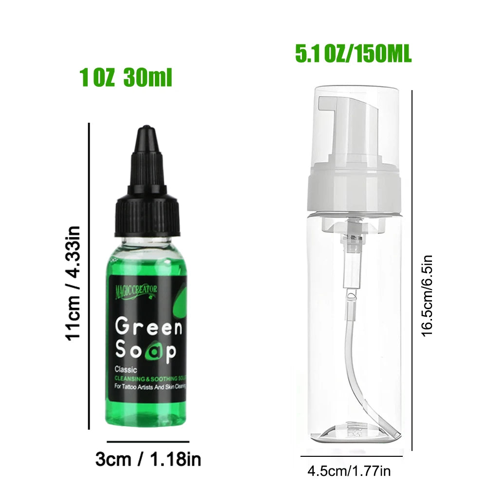 Ultra Concentrated Tattoo Green Soap Kit – 30/250/500ML Cleaning Solution with 150ml Foaming Bottle for Tattoo Care & Skin Cleaning