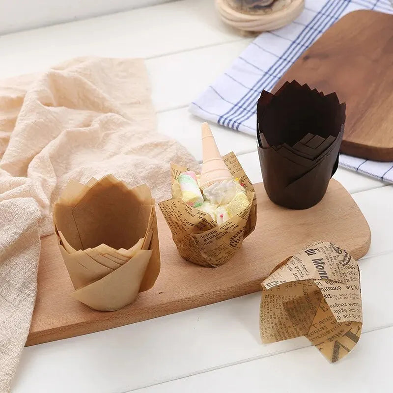 50PCS Tulip Baking Cups – Disposable Oil-Proof Paper Cup Trays for Cakes, Muffins & Bread