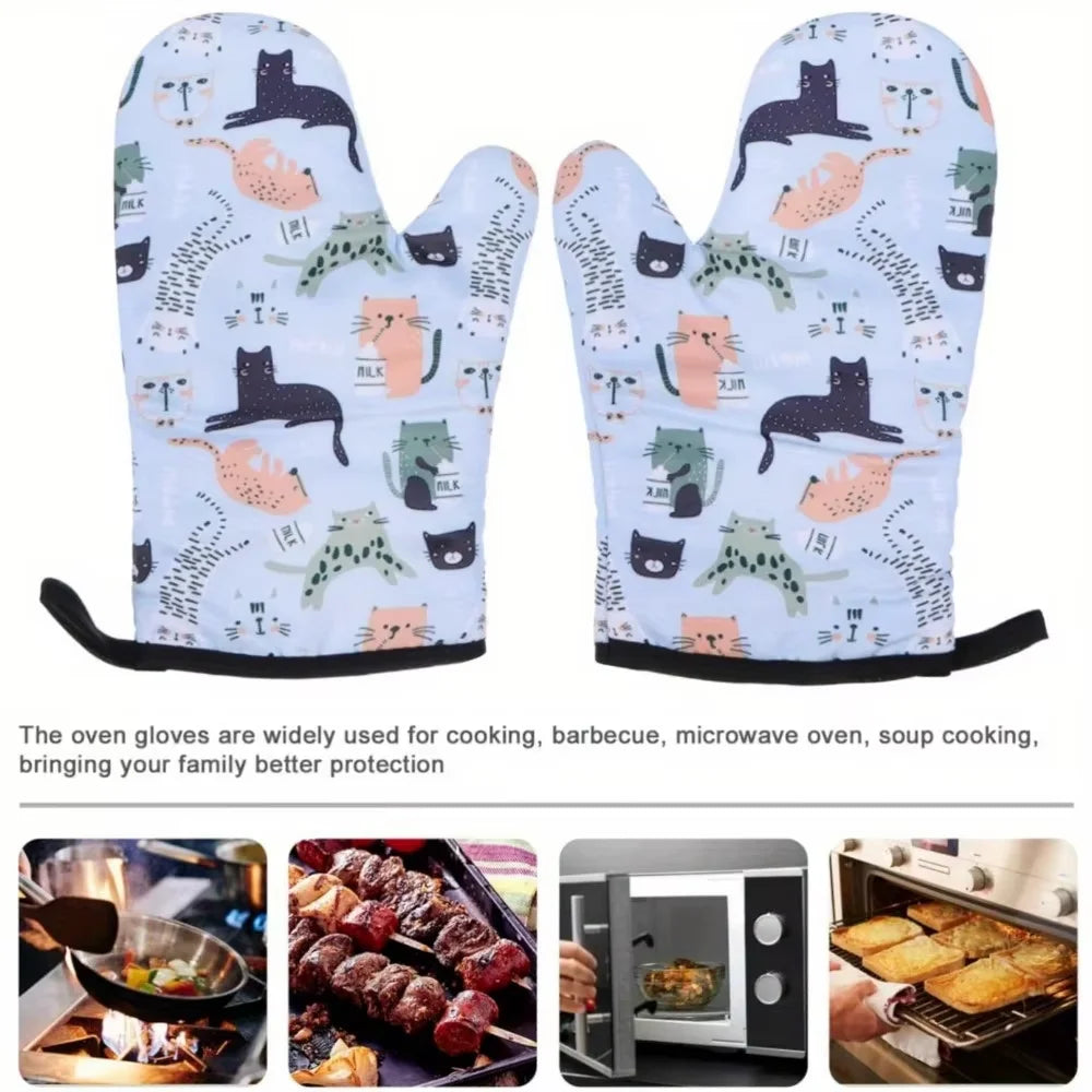 2PCS Cat Print Microwave Oven Mitts – Thickened Heat-Resistant Soft Cotton Gloves for Baking & Kitchen Use