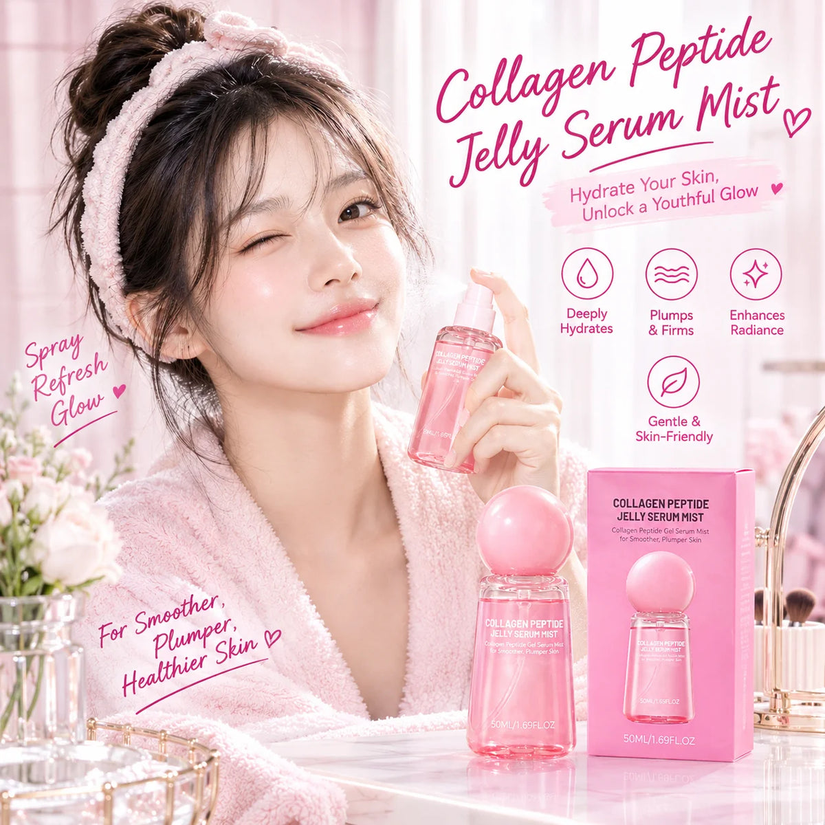 Collagen Peptide Jelly Mist Serum - Deep Hydration, Moisturizing, and Firming Facial Care Spray for Dewy-Looking Skin
