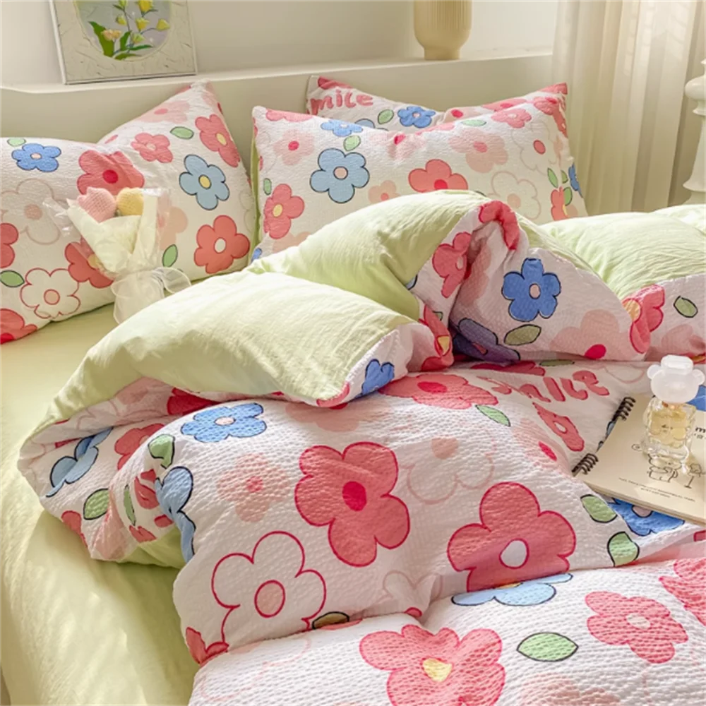 Wrinkled Yarn Washed Cotton Bedding Set — Soft Duvet Cover and Bed Sheet Set, 3 or 4 Piece Non-Pure Cotton Bedroom Set