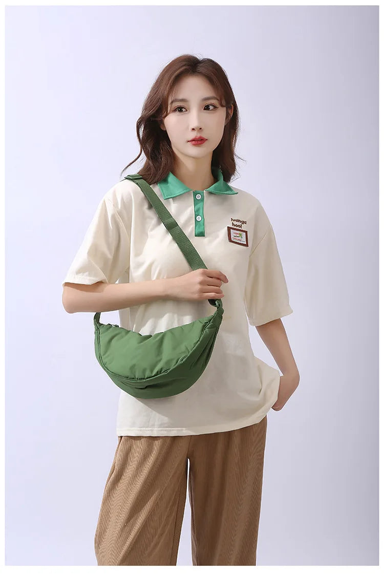 Solid Color Women's Portable Shoulder Bag – Simple Nylon Cloth Padded Crossbody Travel Purse & Messenger Bag