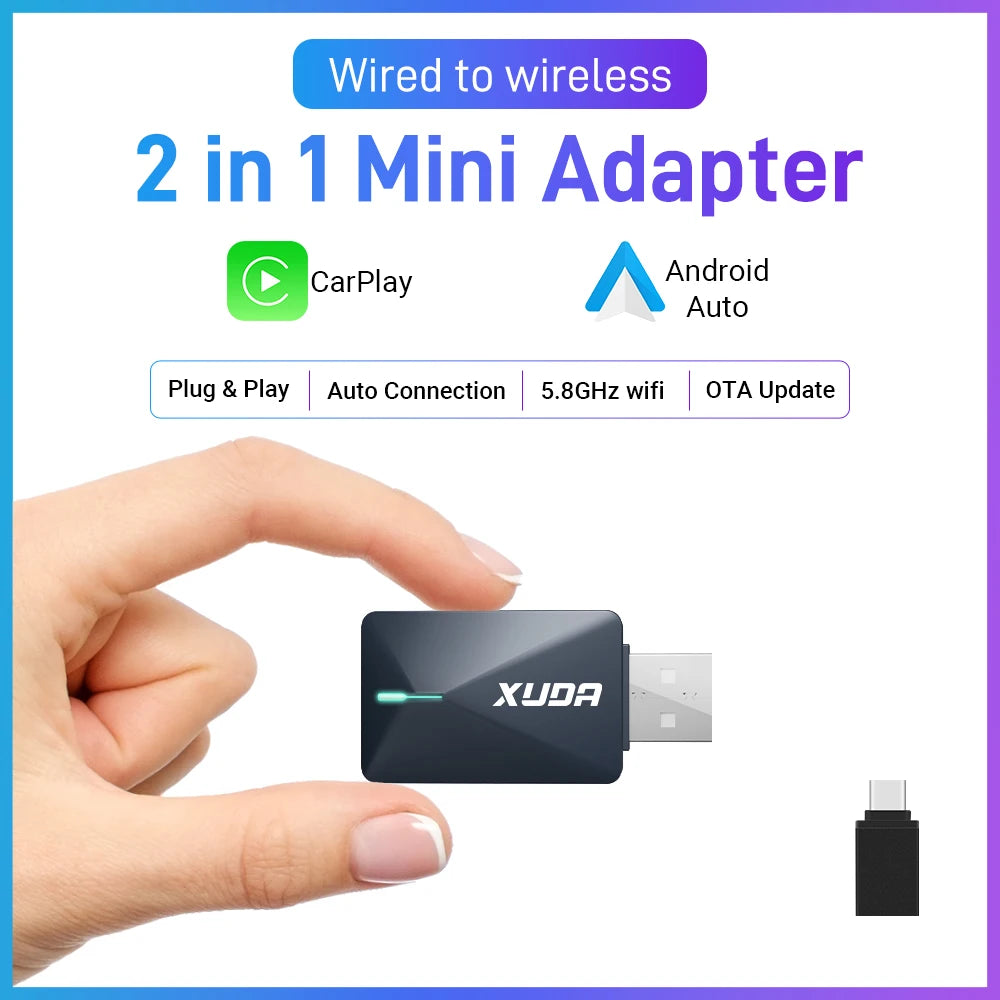 XUDA 2025 2-in-1 Wireless CarPlay & Android Auto Mini Box — Smart Plug & Play Adapter with Bluetooth & Fast WiFi Connect