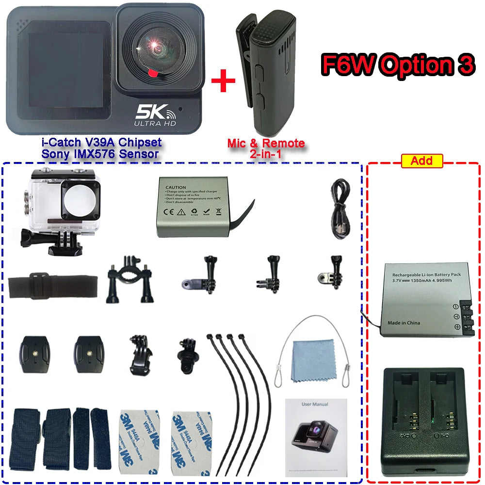F6W Action Camera — 5K/4K60FPS, 48MP, 2.2" Touch LCD, EIS, Dual Screen, Wi-Fi, 170° Waterproof 30M, 8X Zoom Sports Camera with Wireless Mic