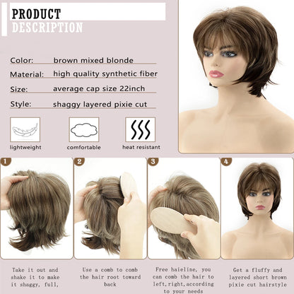 Brown Short Layered Pixie Cut with Blonde Highlights – Natural-Looking Synthetic Wig for White Women