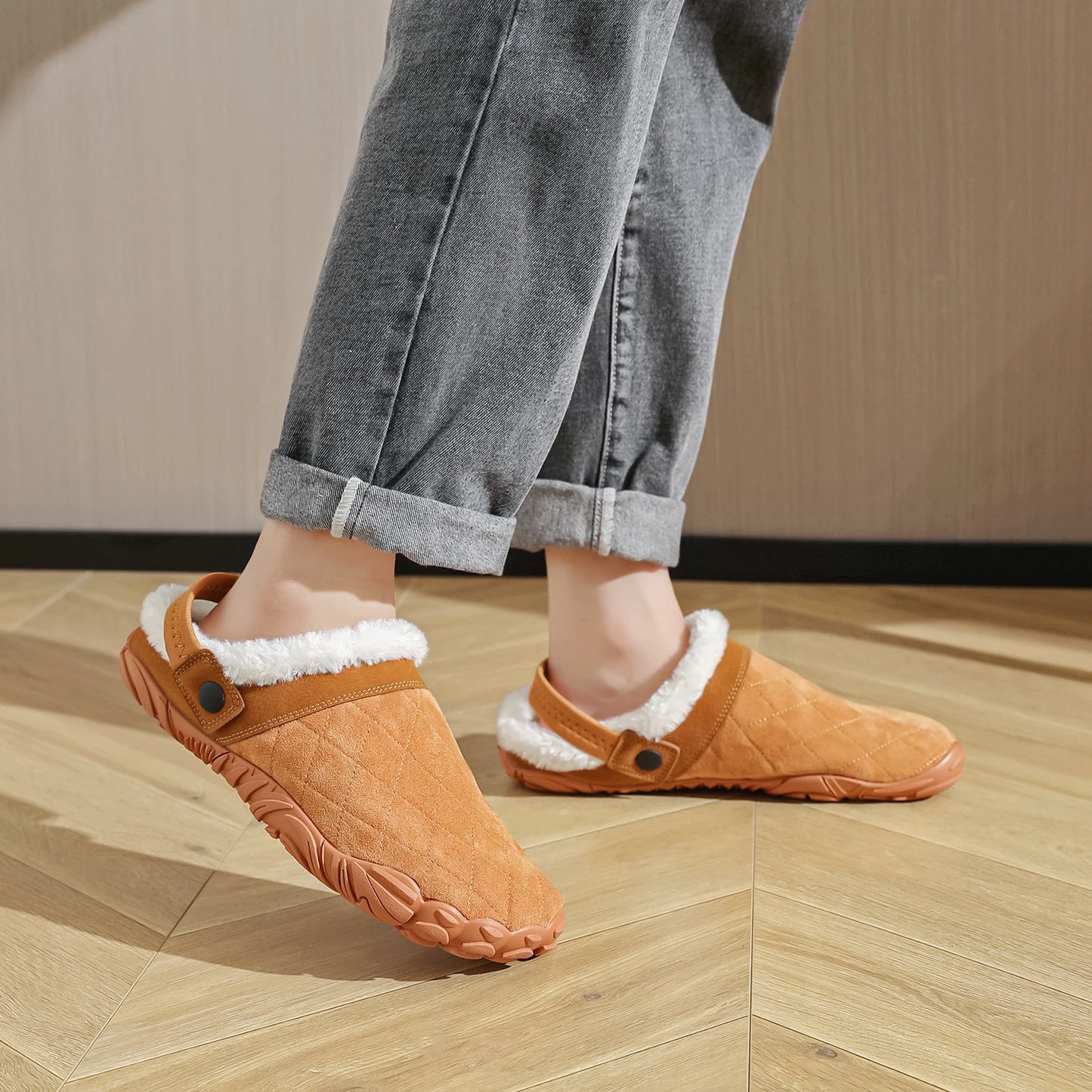 Chamois Leather Indoor Flip Flops – Warm Cotton Bedroom Slippers for Men & Women, Wide Toe Home Footwear