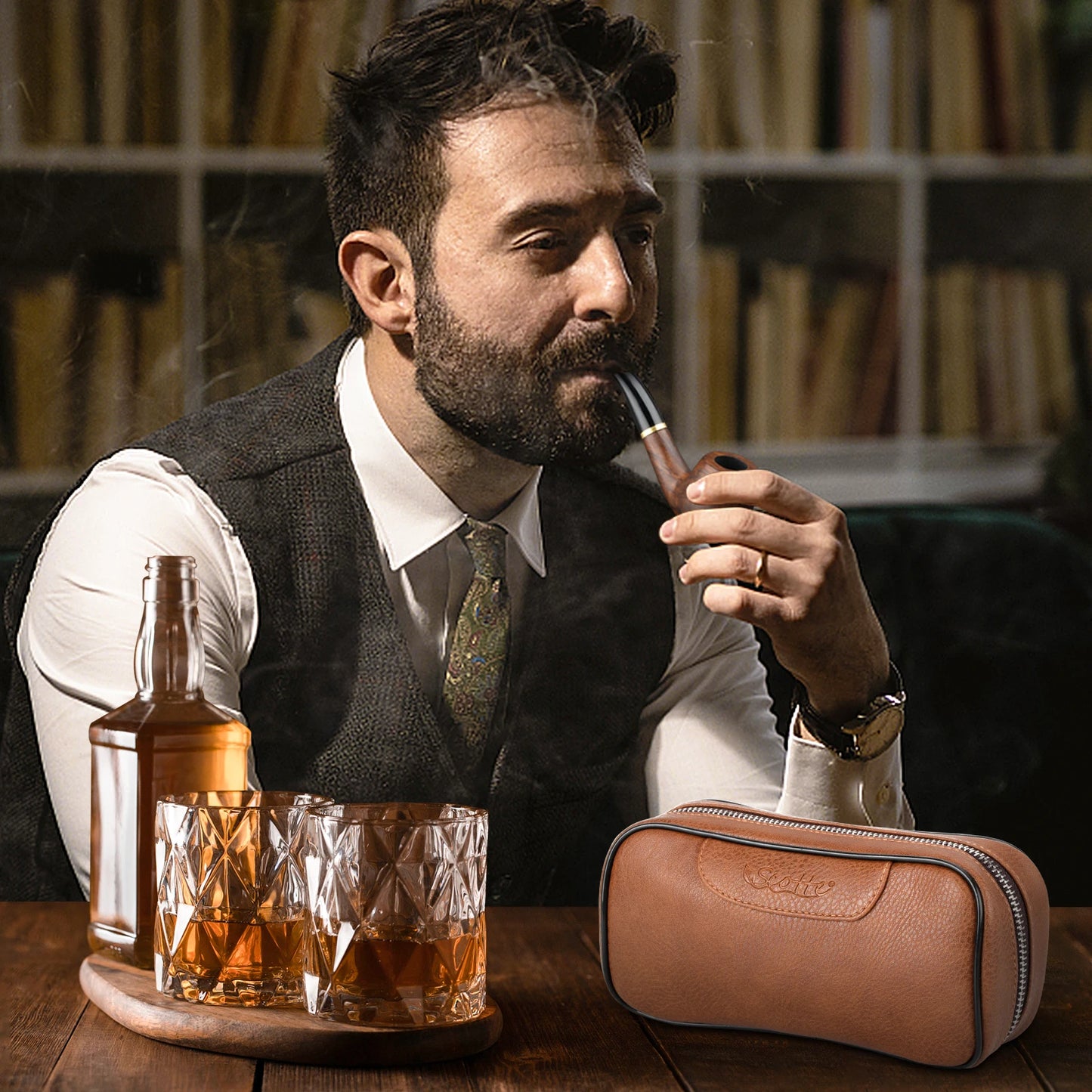 Scotte PU Leather Tobacco Pipe Bag – Portable Case for 2 Pipes with Smoking Accessories