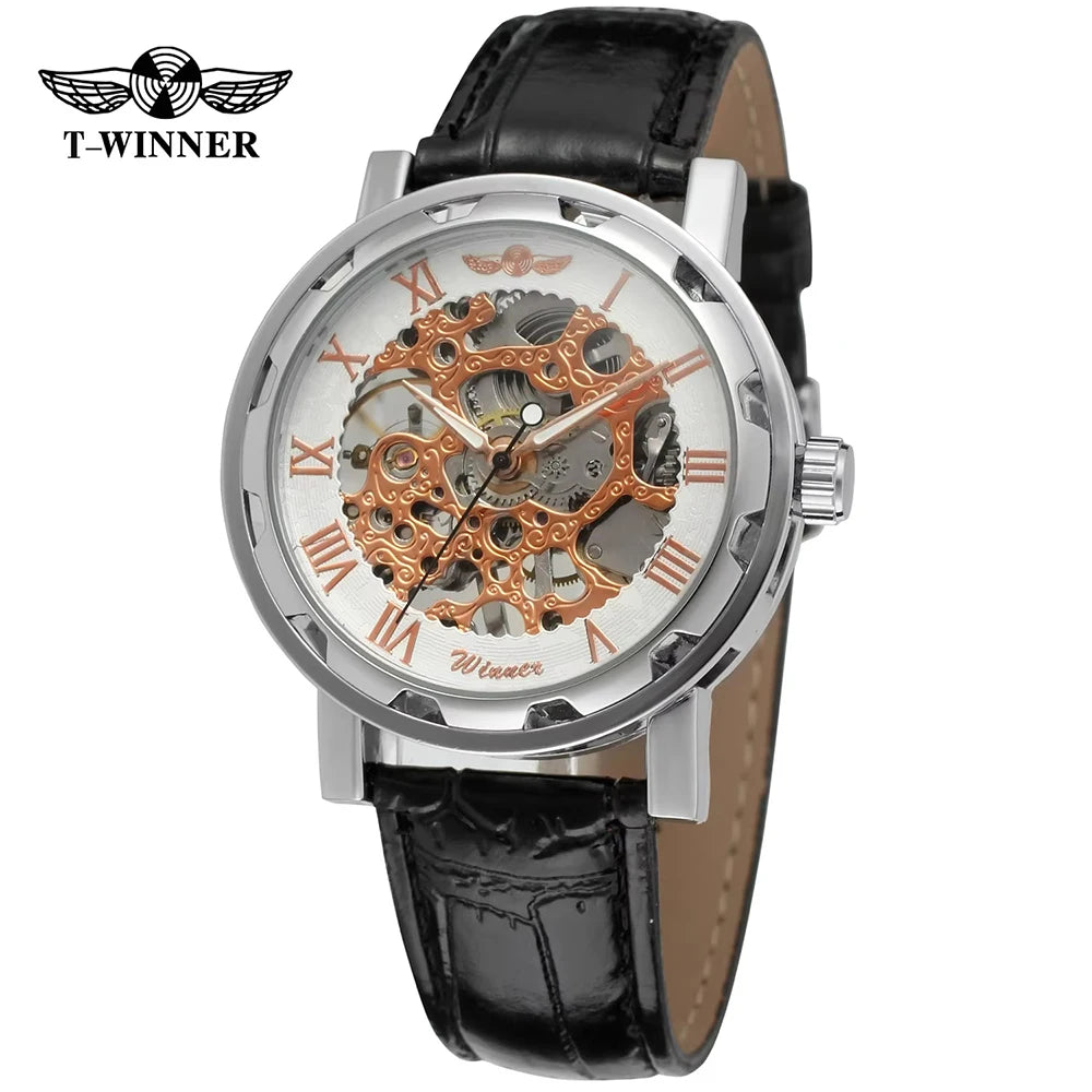 T-Winner Classic Skeleton Watch – Mechanical Hand-Wind Wristwatch with PU Leather Strap for Men & Women