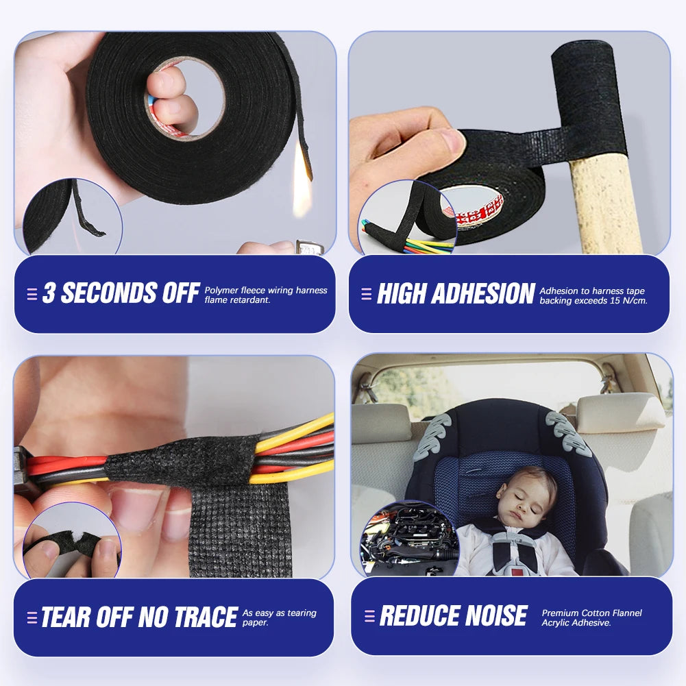 15M Heat-Resistant Fabric Tape – 9/15/19/25/32MM Adhesive Cloth for Automotive Cable, Wiring Harness & Electrical Loom