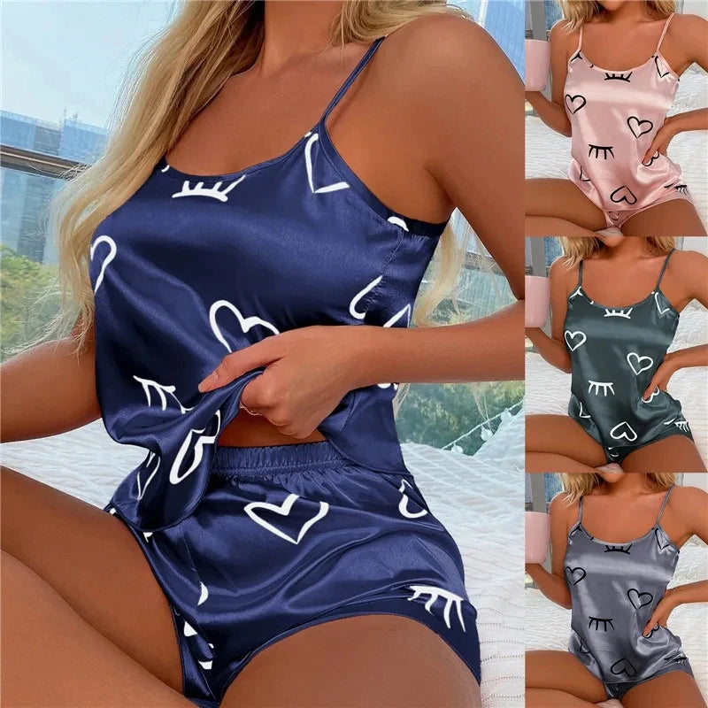 Women’s Ice Silk Pajama Set – Low-Cut Camisole & Shorts Sleepwear in Gray or Pink, L–XXL, Summer Comfort