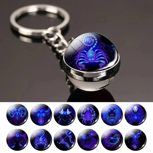 S12 Constellation Keychain – Luminous Double-Sided Zodiac Glass Ball Pendant for Men & Women