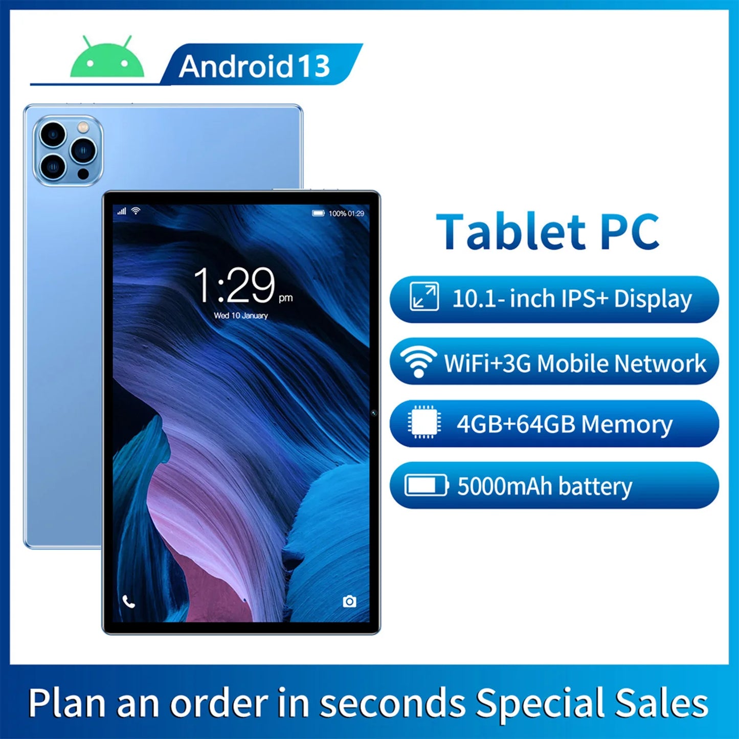 10.1" Android Tablet – Octa-Core, Dual SIM 3G Call, Dual Cameras, 4GB RAM 64GB, Global Version, Google Play