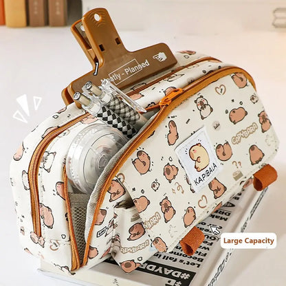 INS Capybara Four-Layer Large Capacity Pen Bag - Cute Cartoon Pencil Case, Stationery Organizer & Storage Bag for Students, Perfect Gift