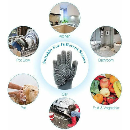 Magic Silicone Rubber Dishwashing Gloves - Household Kitchen Cleaning Tools with Built-in Sponge Scrubber - Durable and Versatile Cleaning Gloves
