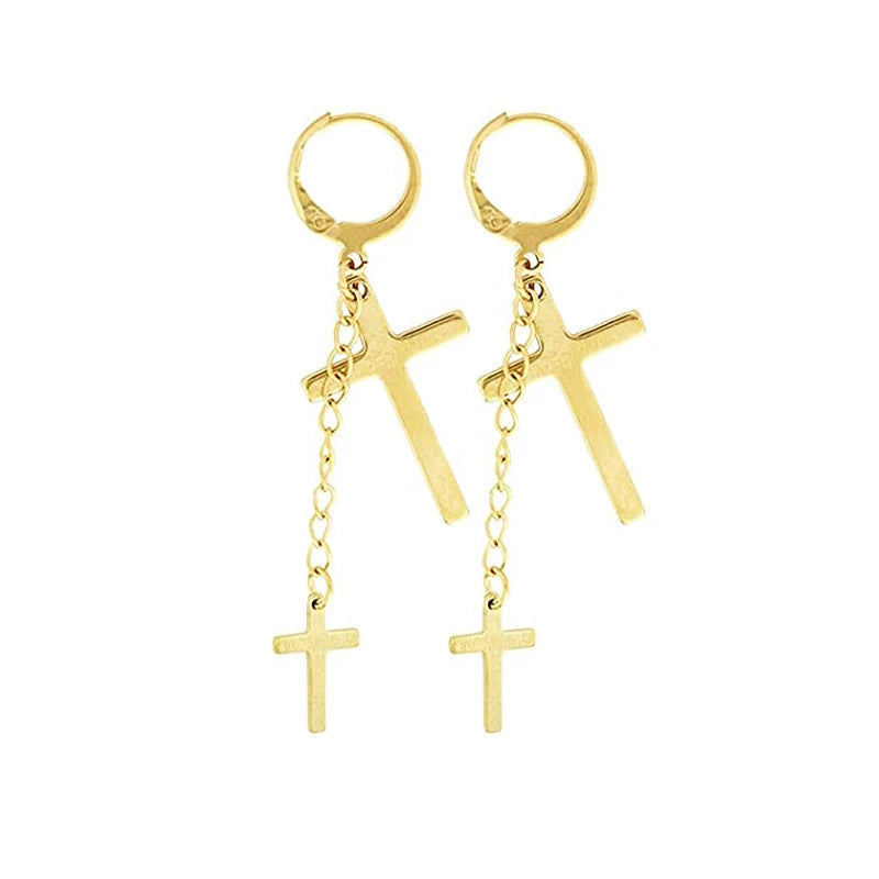 Gold Cross Huggie Hoop Earrings - Minimalist Dangle Charm Jewelry for Men & Women