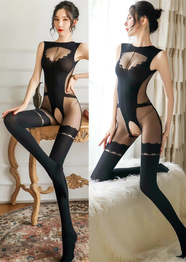 Transparent Crotchless Bodysuit - Sexy Hollow Mesh Lingerie with Open Crotch Design & Bold Style