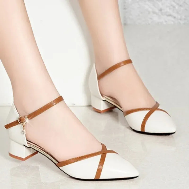 Women’s Elegant White Pearl Buckle Pumps — Square Heel Office & Leisure Shoes