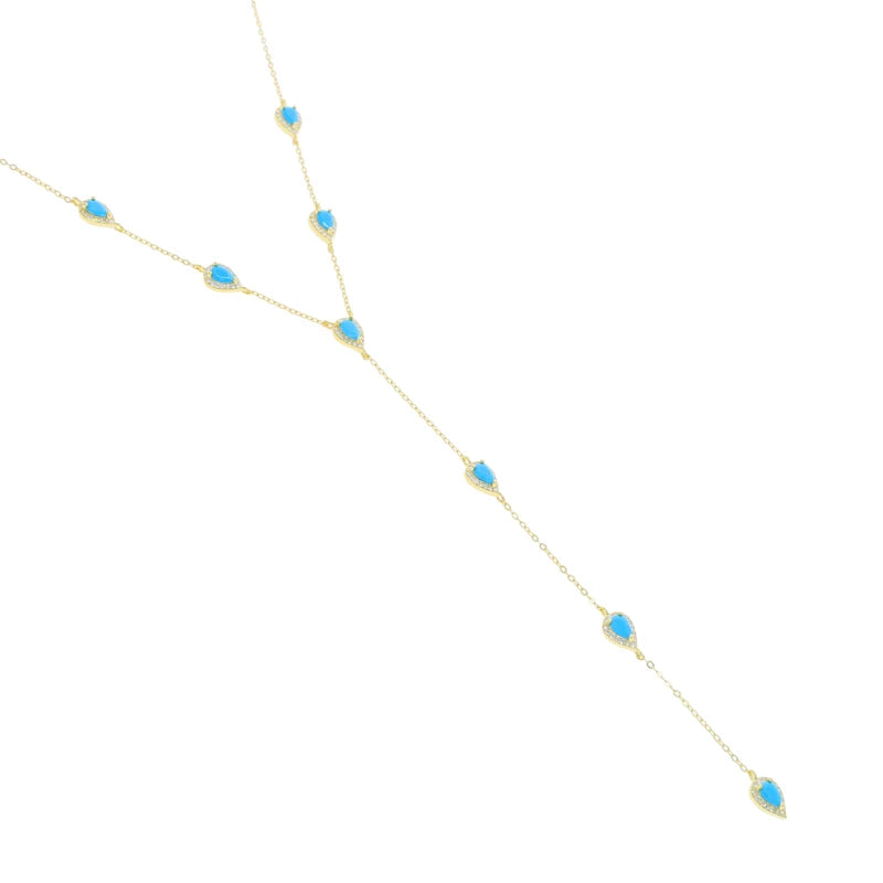 2023 Gold Plated Y Lariat Necklace - Colorful CZ Teardrop Pendant Geometric Jewelry for Women