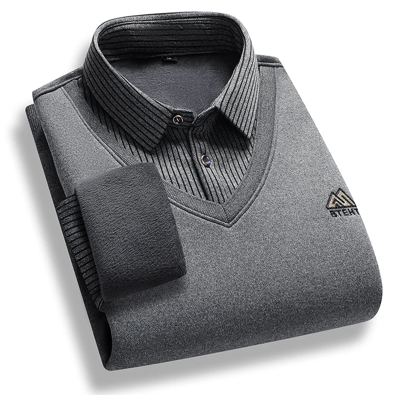 Men's Fleece Lined Polo Sweater - Fake Two-Piece Thick Winter Business Casual Pullover Top