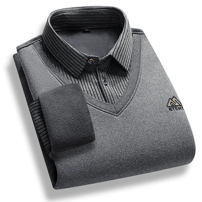 Men's Fleece Lined Polo Sweater - Fake Two-Piece Thick Winter Business Casual Pullover Top